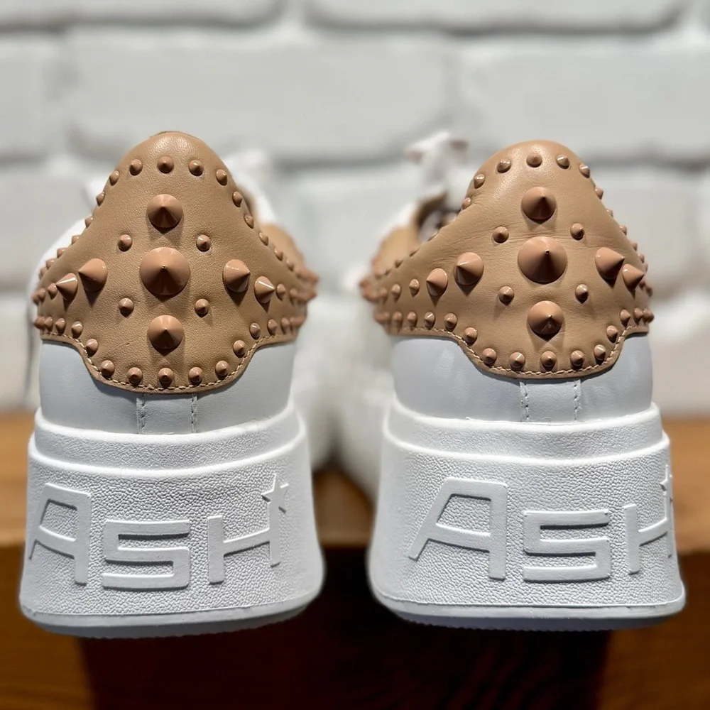 ASH Platform Sneakers White Leather NUDE Studded Heel Size 40 Luxury Chunky NIB - Picture 8 of 15